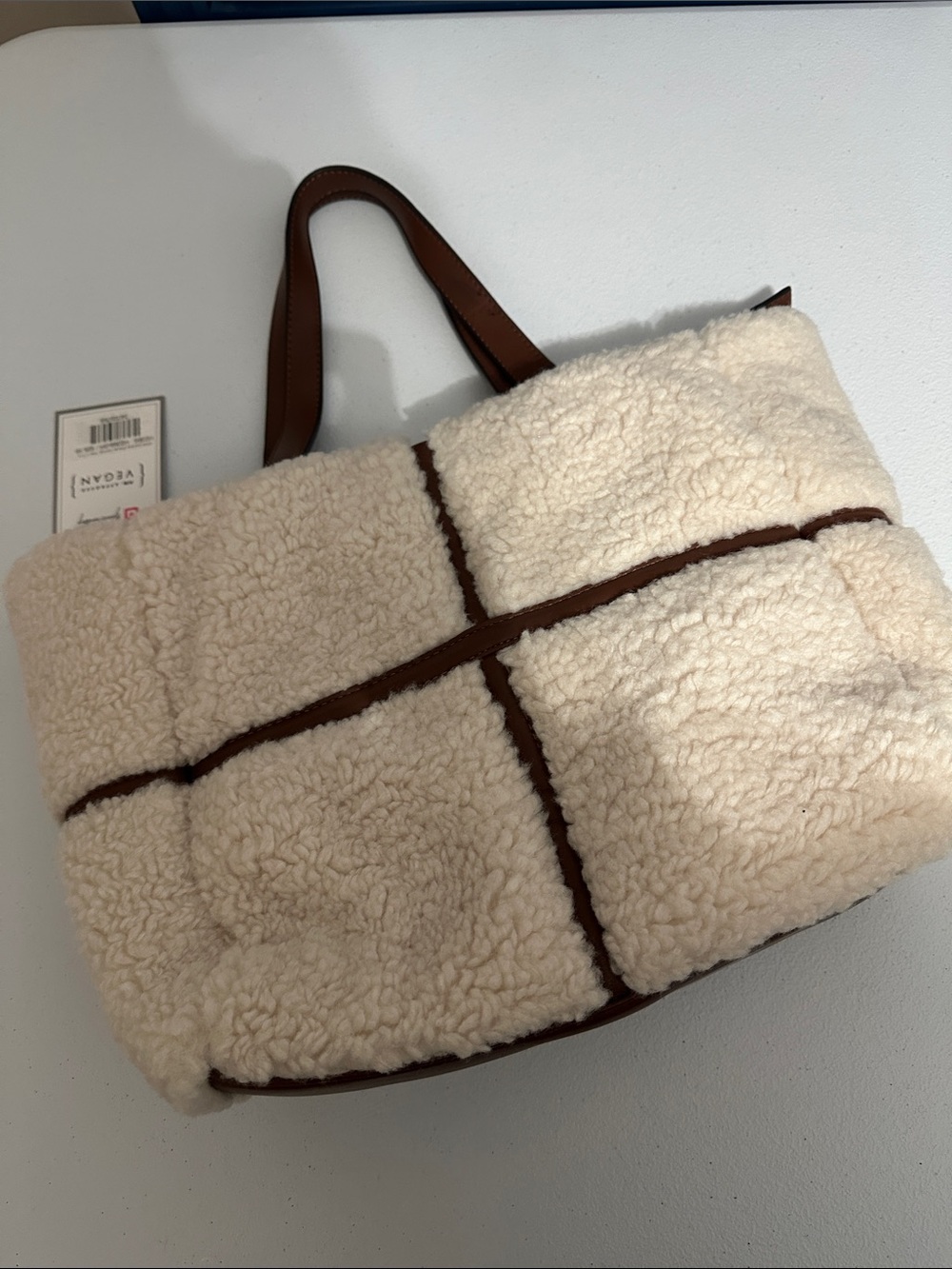 Cream Sherpa Tote with Brown Trim and Handles